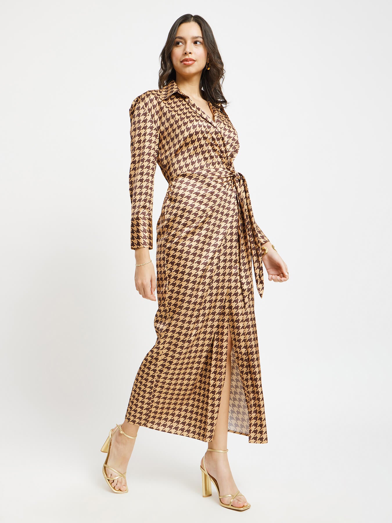 Satin Houndstooth Print Wrap Dress - Brown And Gold