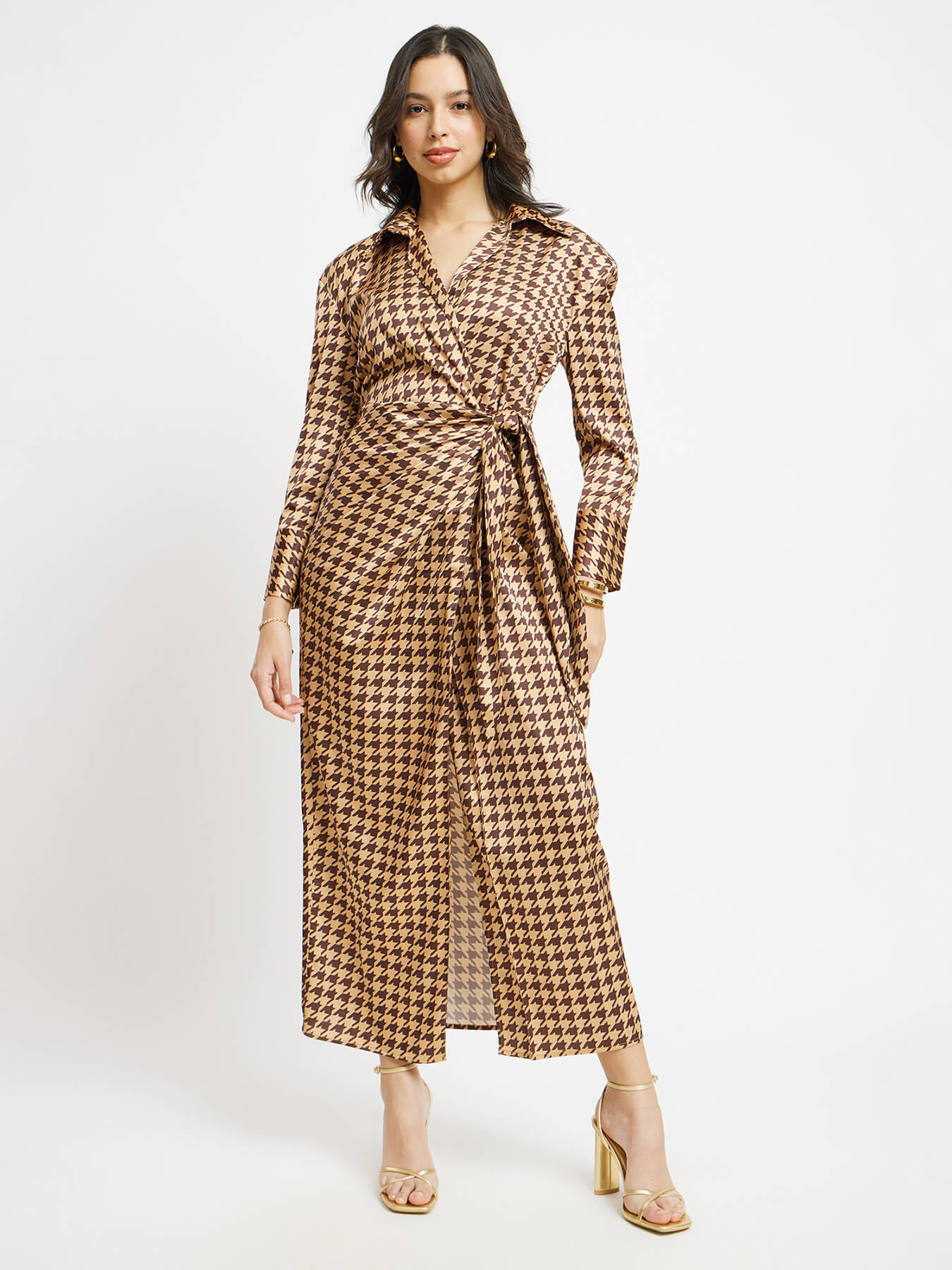 Satin Houndstooth Print Wrap Dress - Brown And Gold
