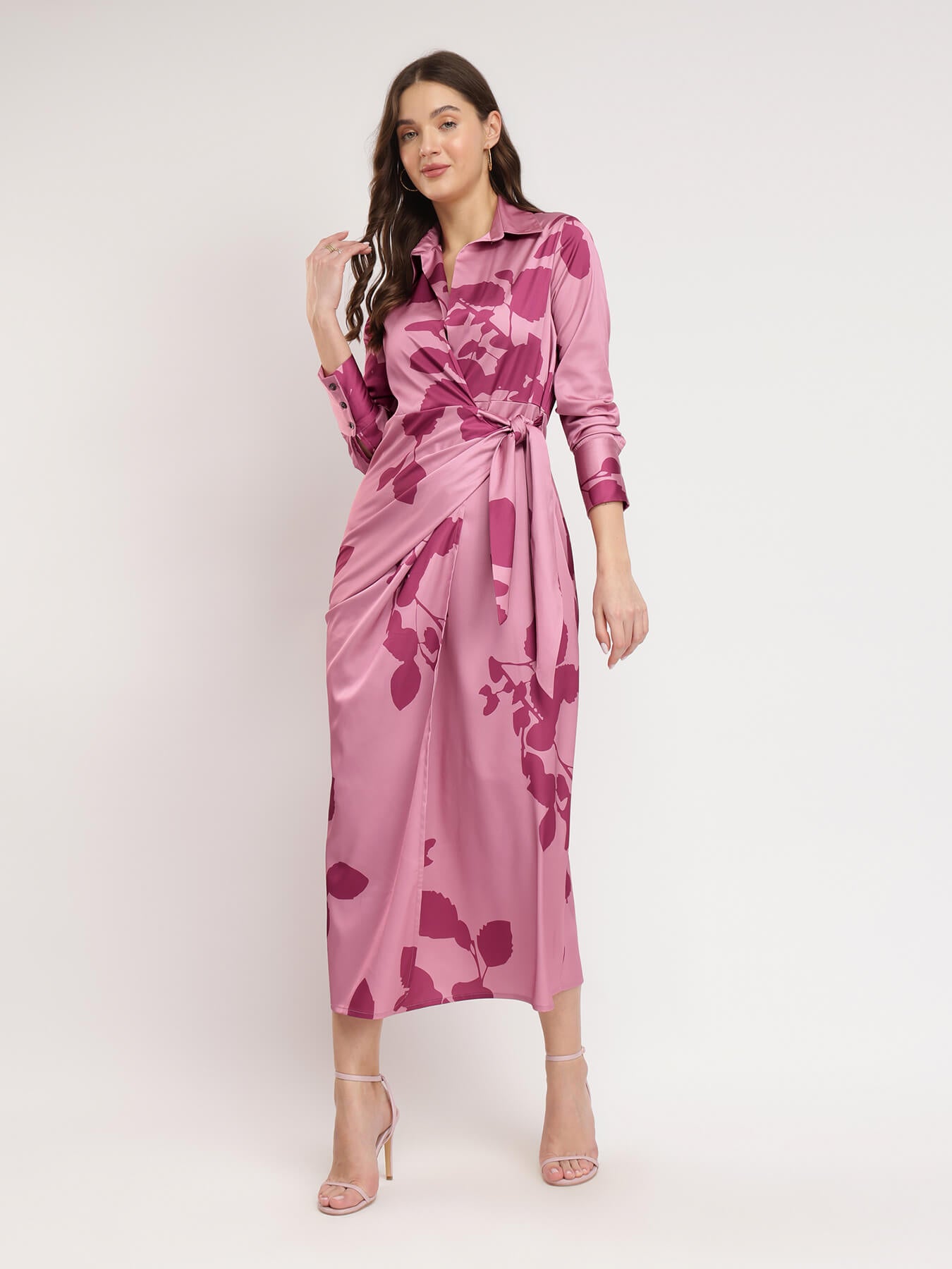 Satin Floral Print Wrap Dress - Pink