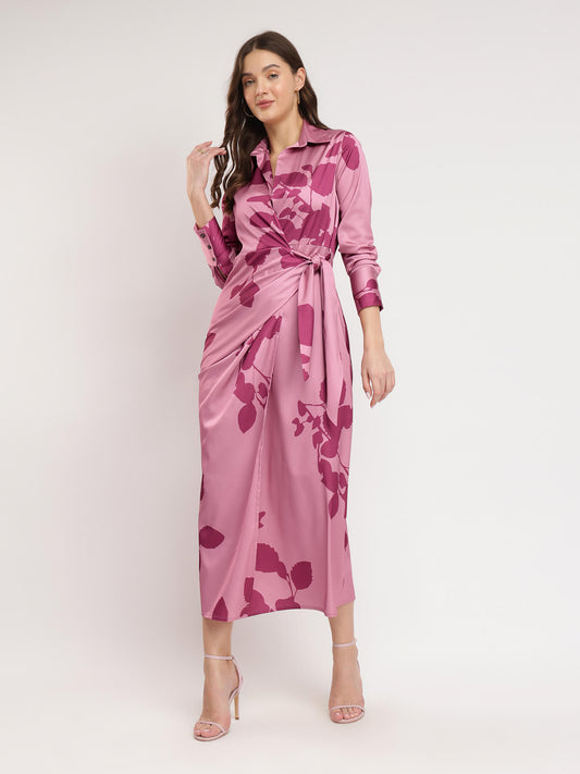 Satin Floral Print Wrap Dress - Pink