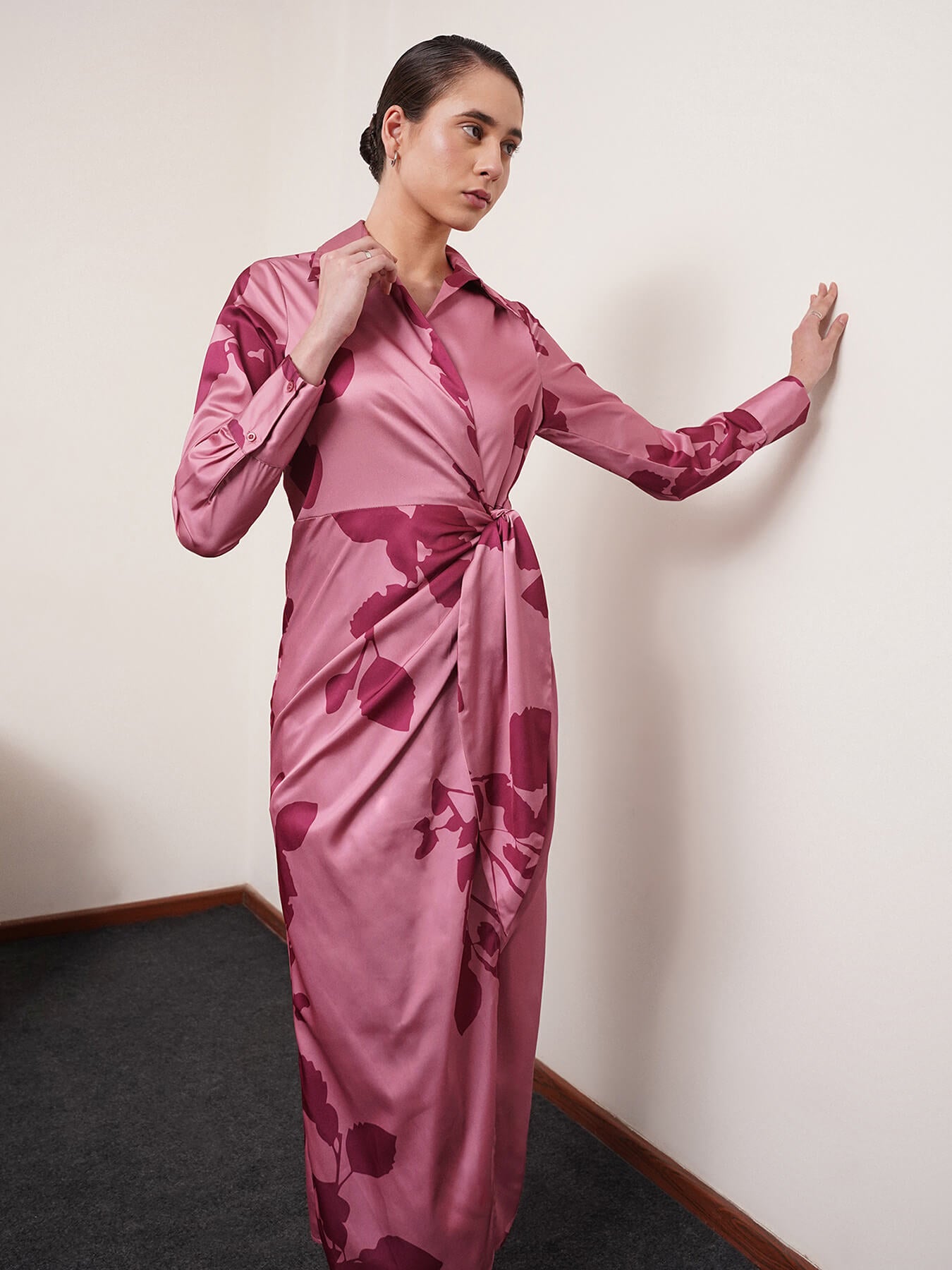 Satin Floral Print Wrap Dress - Pink