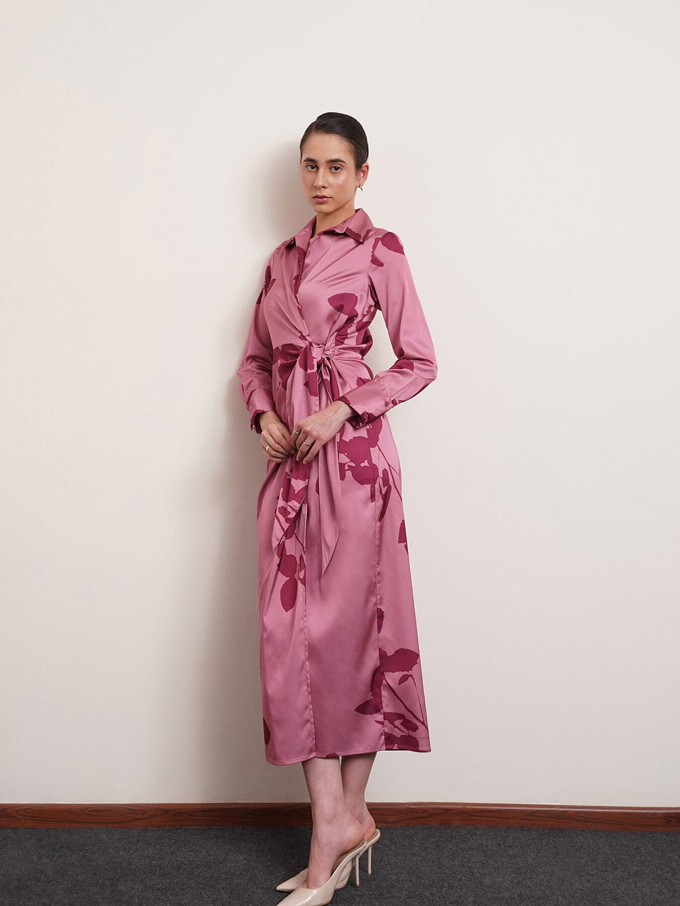 Satin Floral Print Wrap Dress - Pink