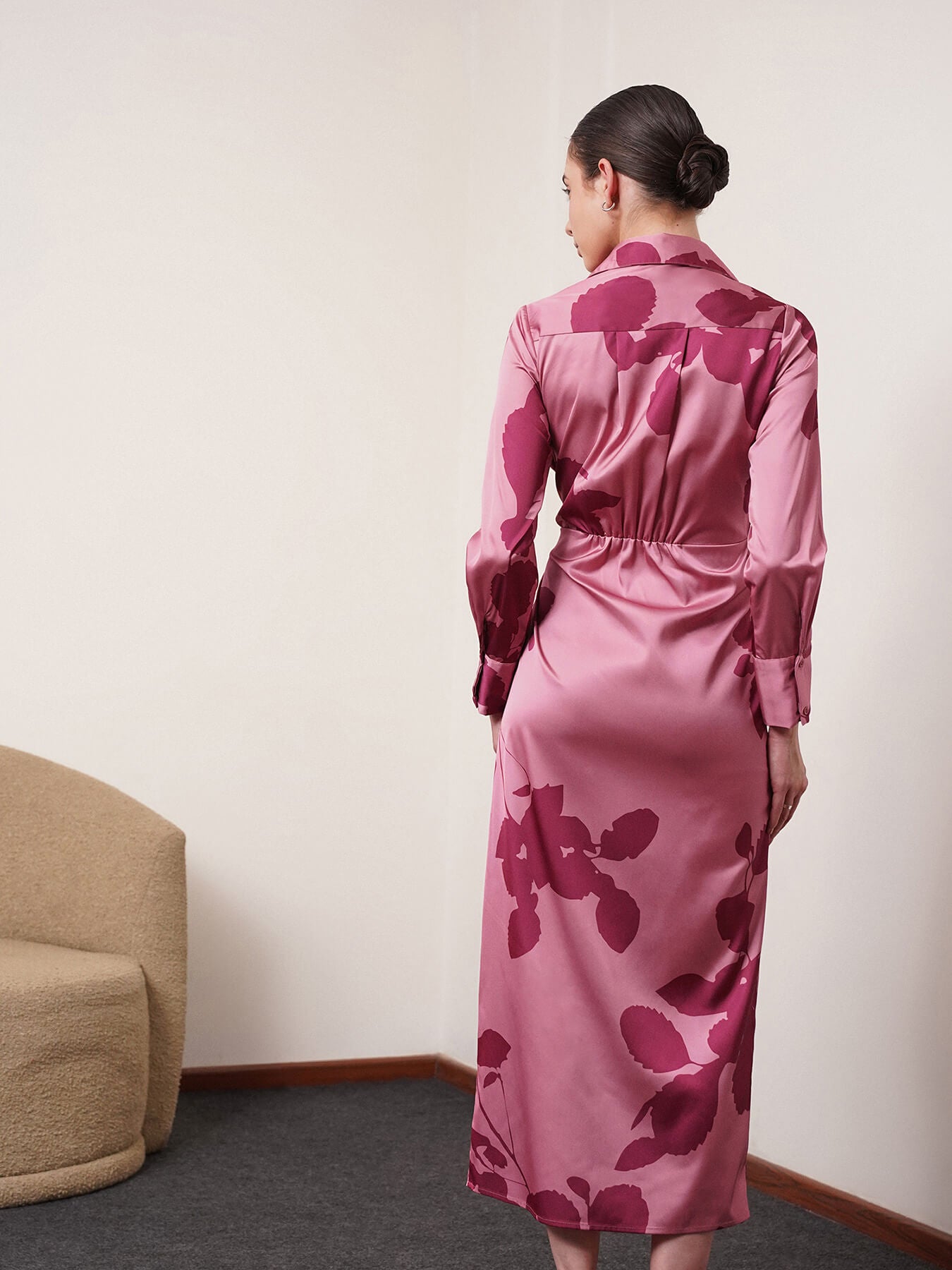 Satin Floral Print Wrap Dress - Pink