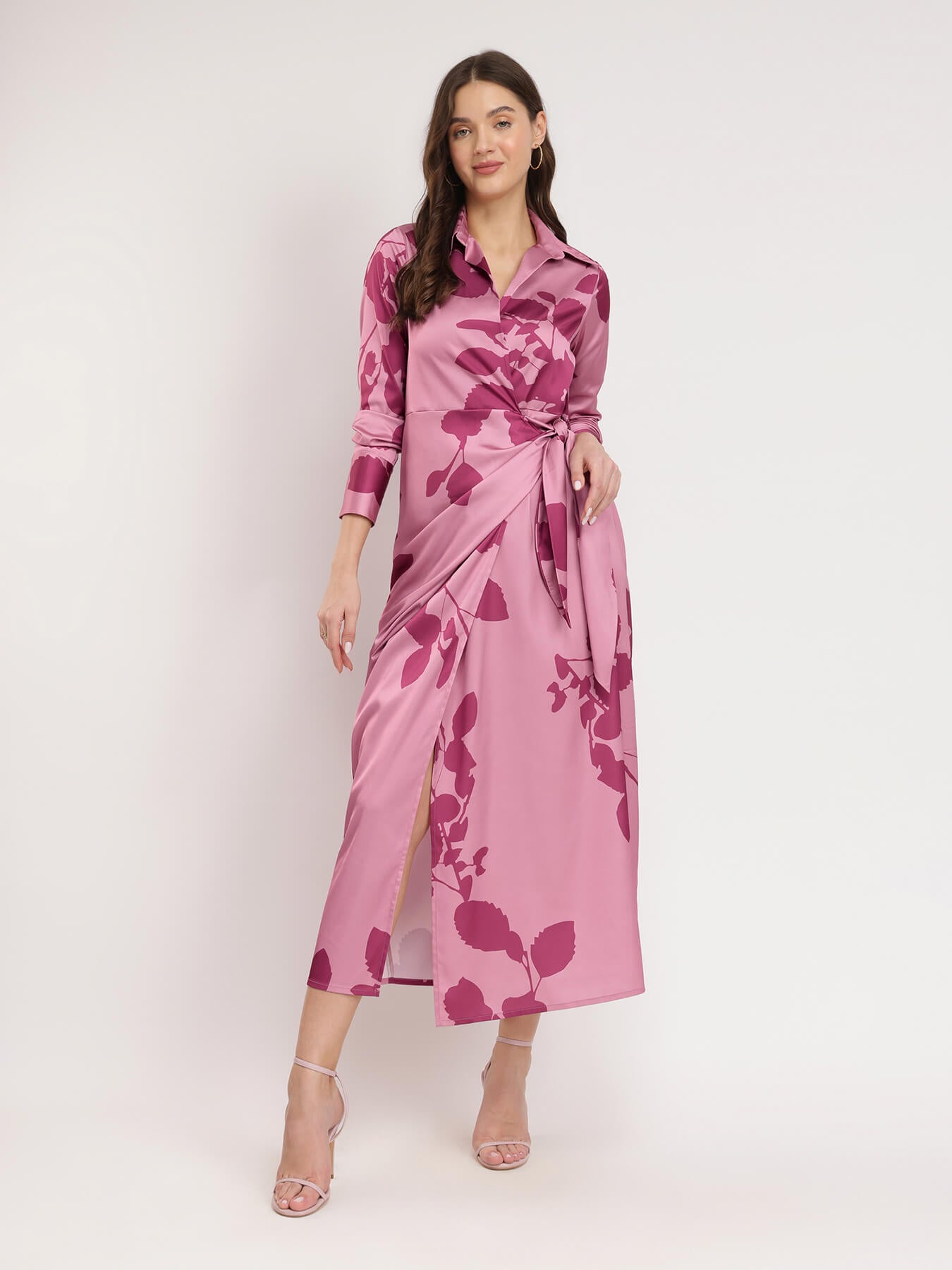 Satin Floral Print Wrap Dress - Pink