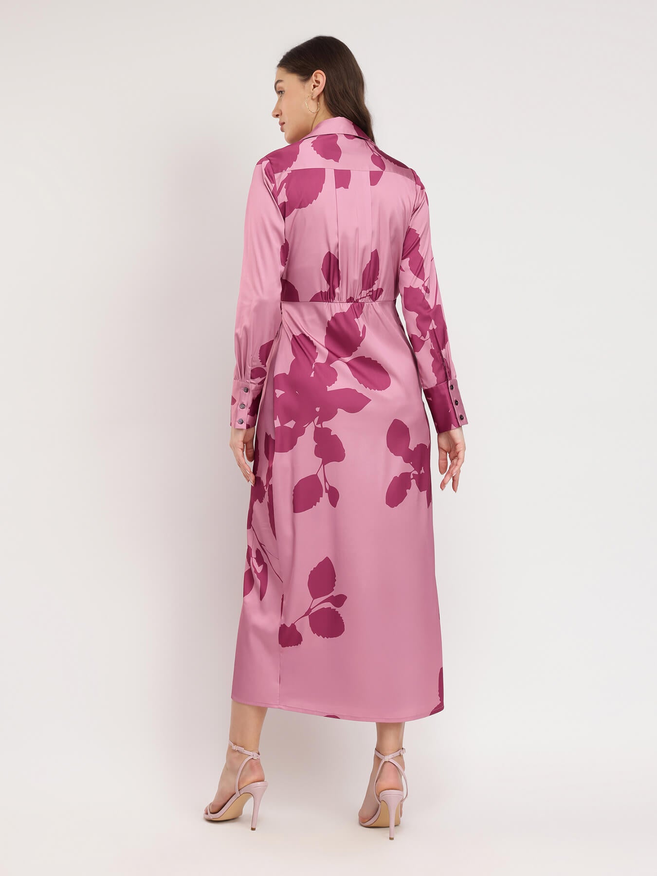 Satin Floral Print Wrap Dress - Pink