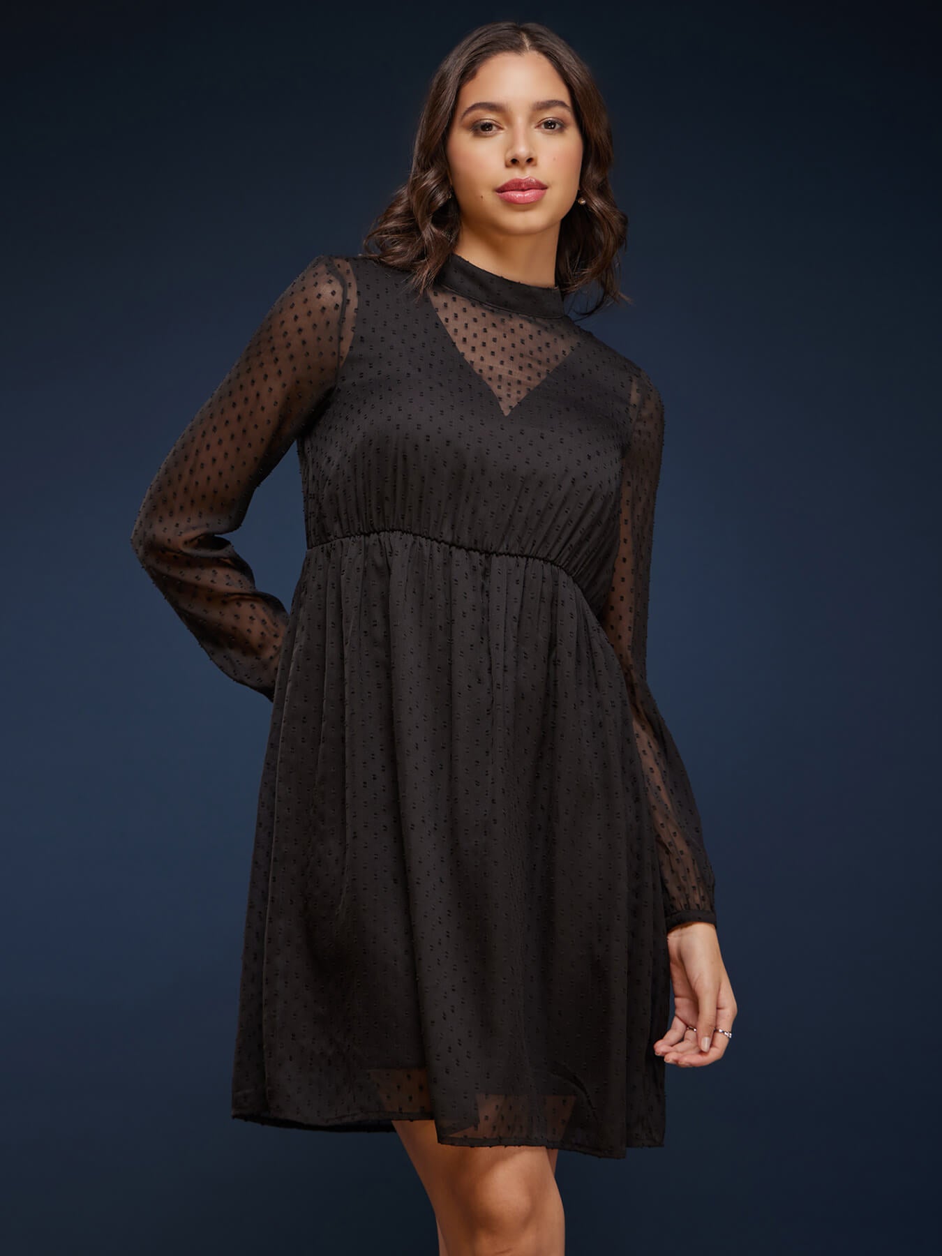 High Neck Chiffon Dress - Black