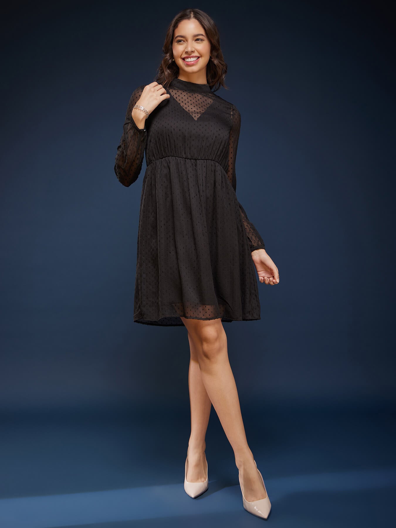 High Neck Chiffon Dress - Black