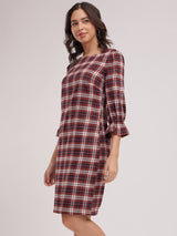 Round Neck Shift Dress - Maroon And White