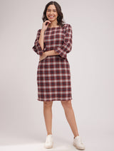 Round Neck Shift Dress - Maroon And White