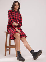 Ruffle Detail Plaid Dress - Black And Red