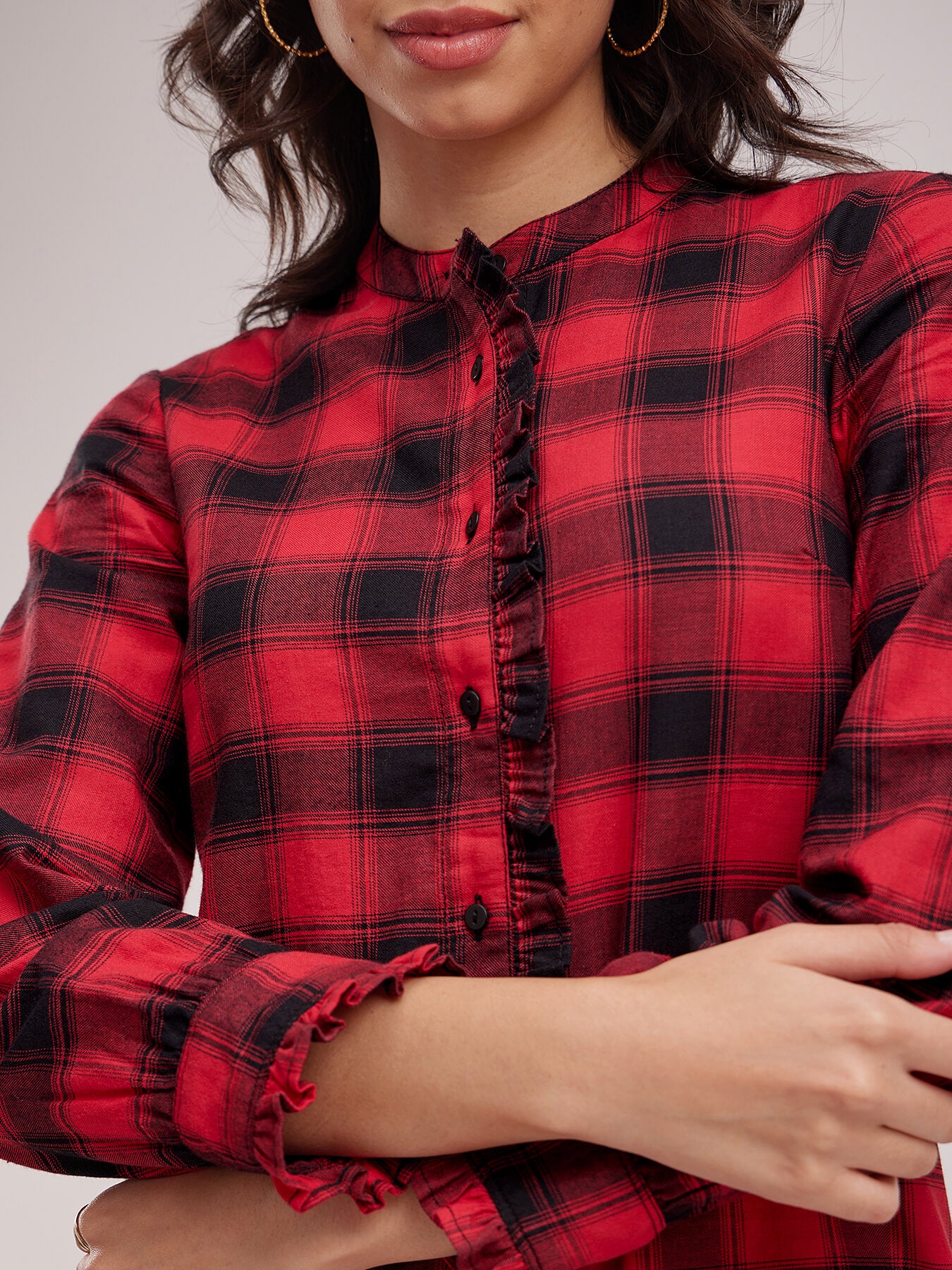 Ruffle Detail Plaid Dress - Black And Red