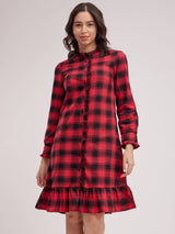 Ruffle Detail Plaid Dress - Black And Red