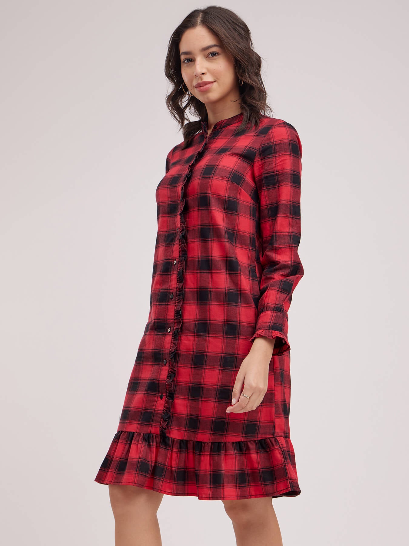 Ruffle Detail Plaid Dress - Black And Red