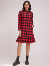 Ruffle Detail Plaid Dress - Black And Red