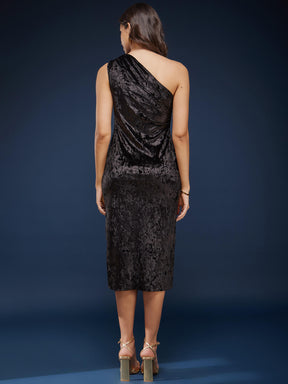 One Shoulder Velvet Dress - Black