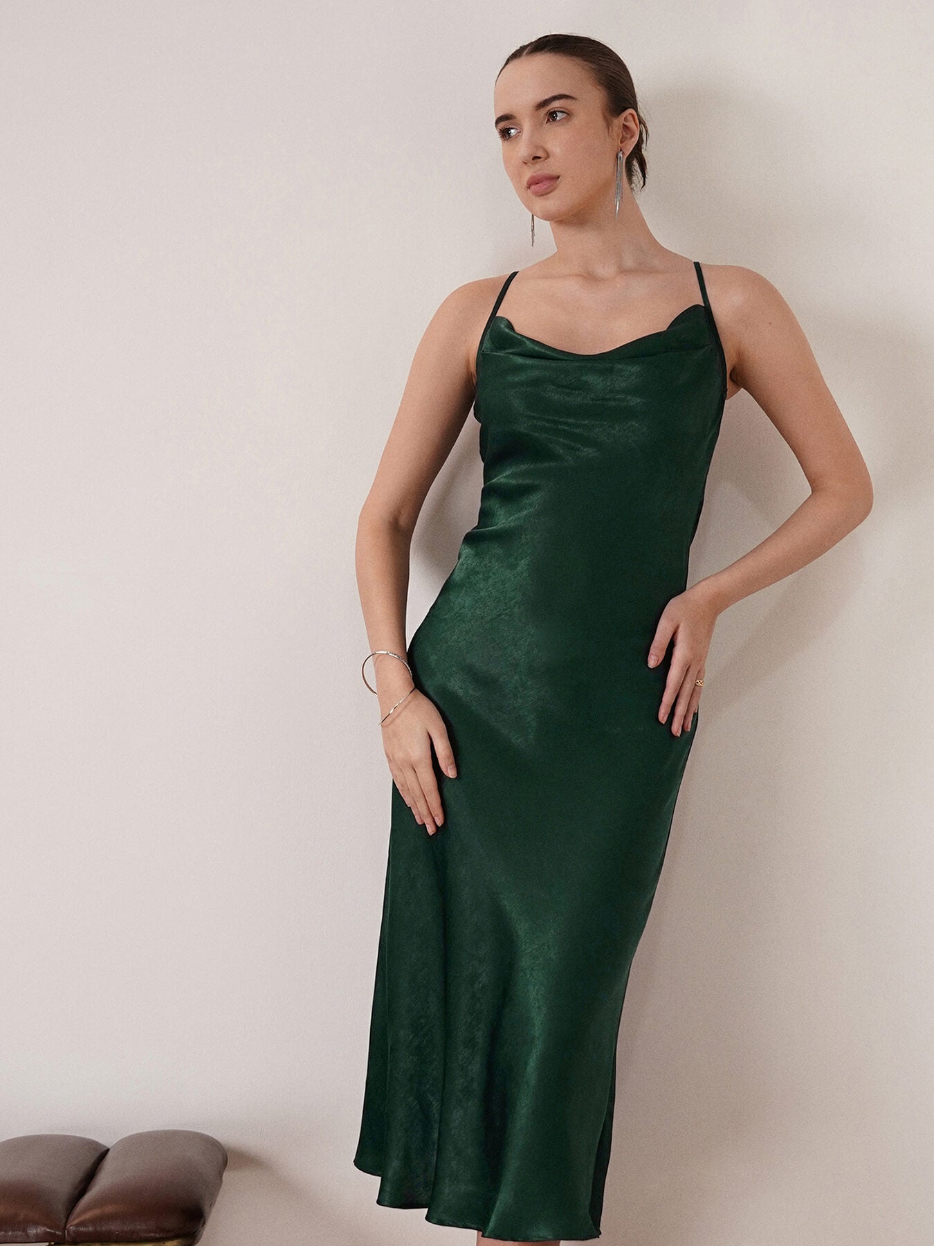 Satin Cowl Neck Slip Dress - Olive