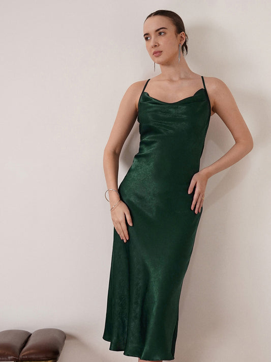 Satin Cowl Neck Slip Dress - Olive