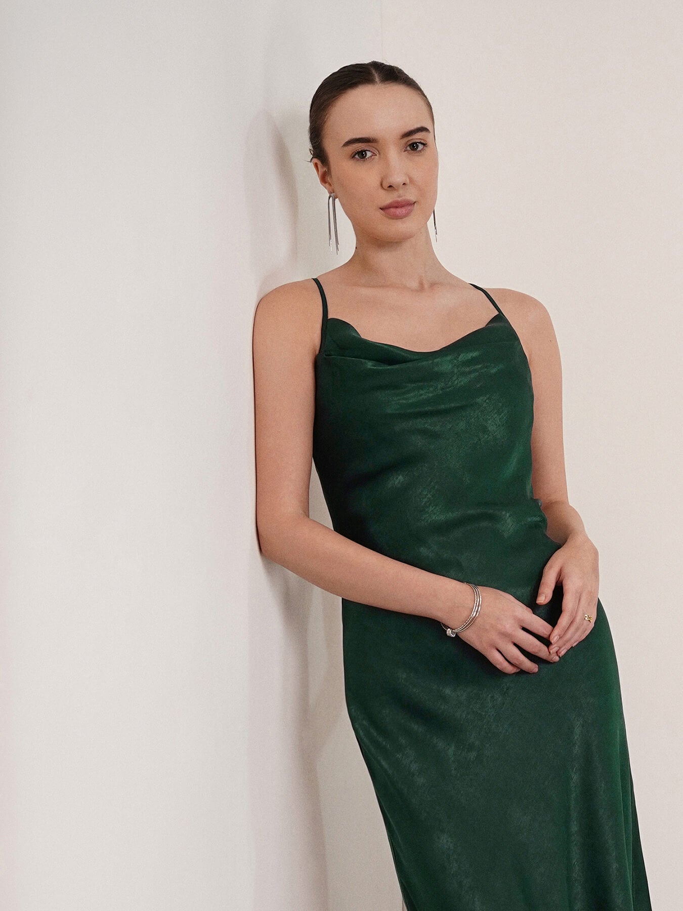 Satin Cowl Neck Slip Dress - Olive