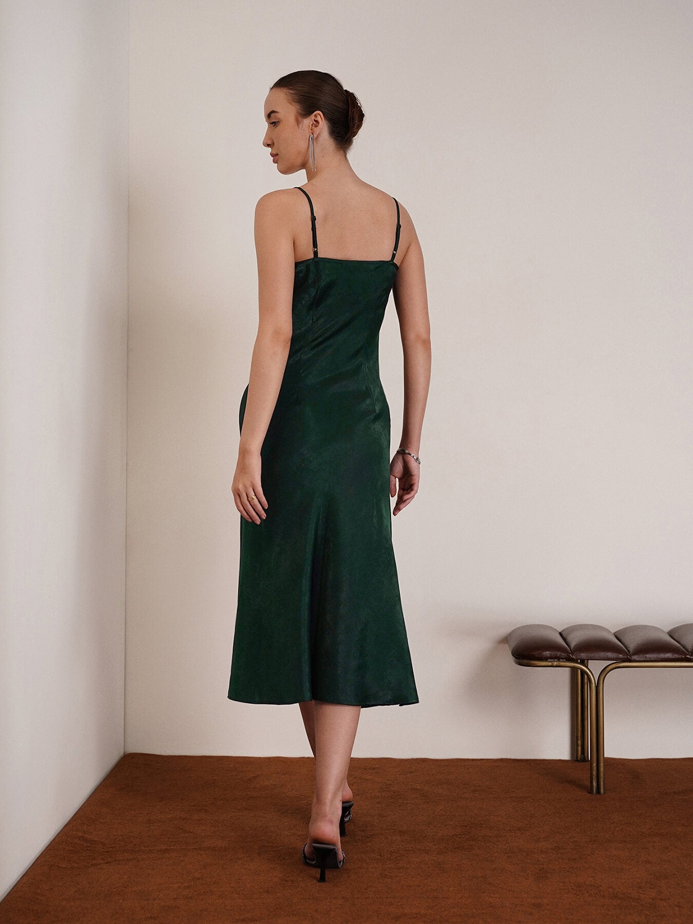 Satin Cowl Neck Slip Dress - Olive