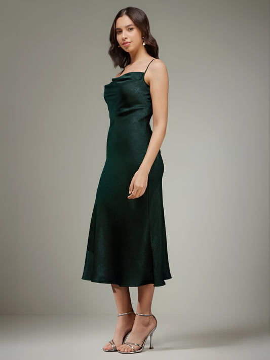 Satin Cowl Neck Slip Dress - Olive