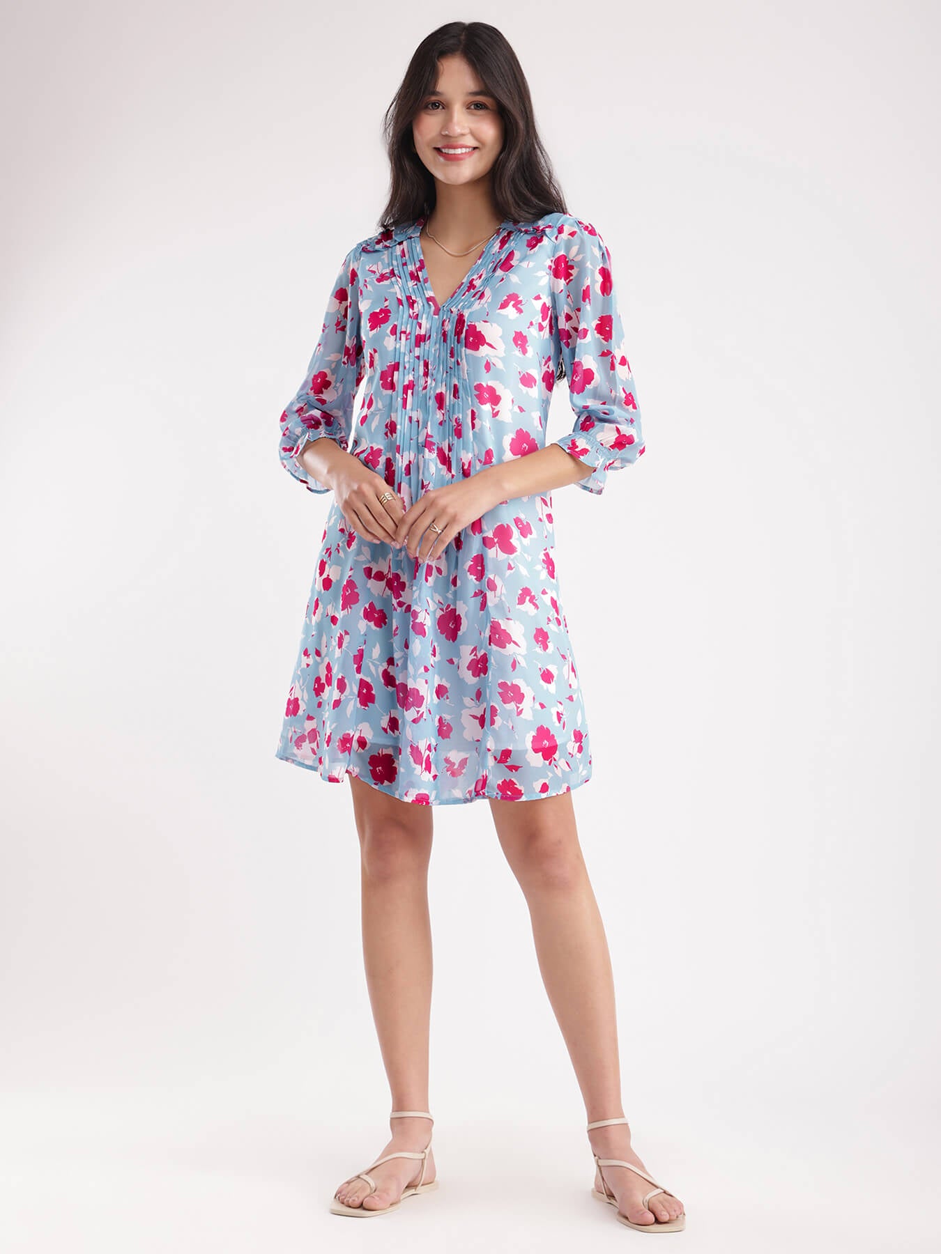 Floral A-line Dress - Blue