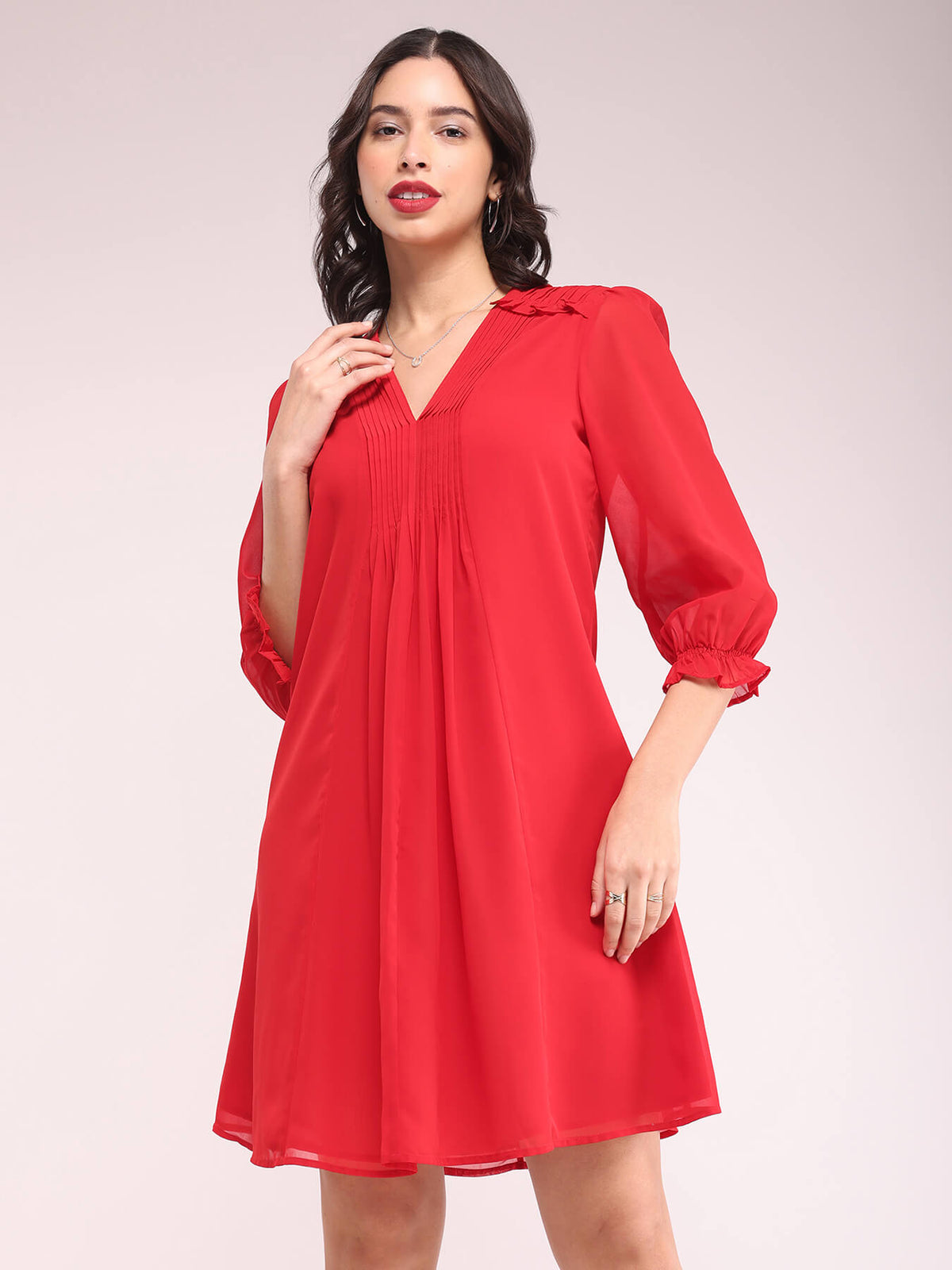 Pintuck A-line Dress - Red