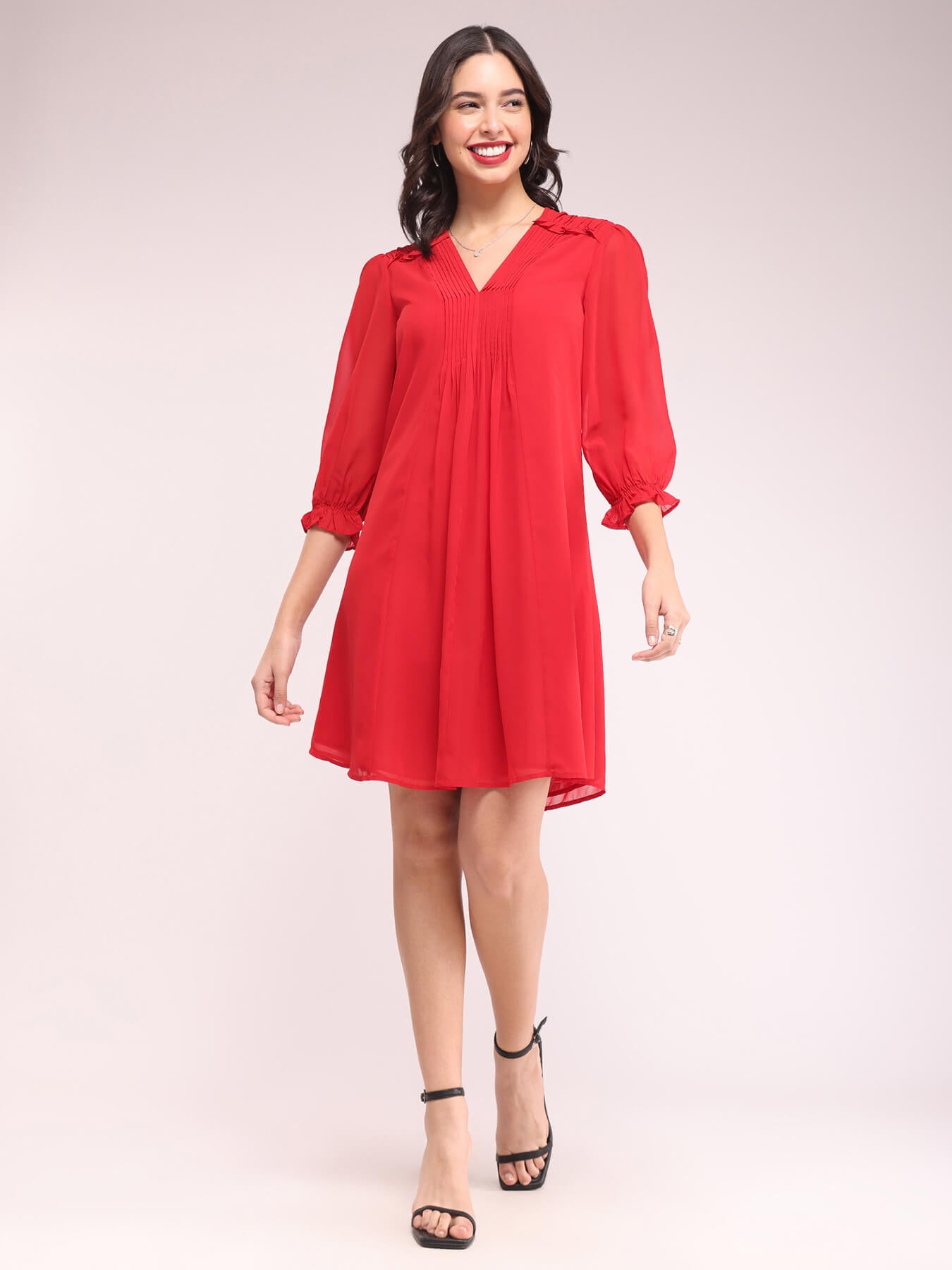 Pintuck A-line Dress - Red