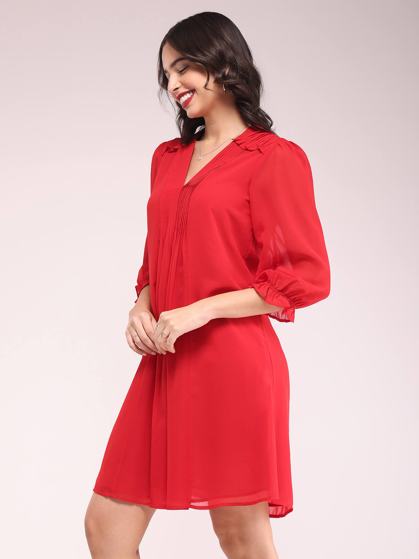 Pintuck A-line Dress - Red