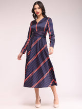 Striped Fit And Flare Dresses - Navy And Red