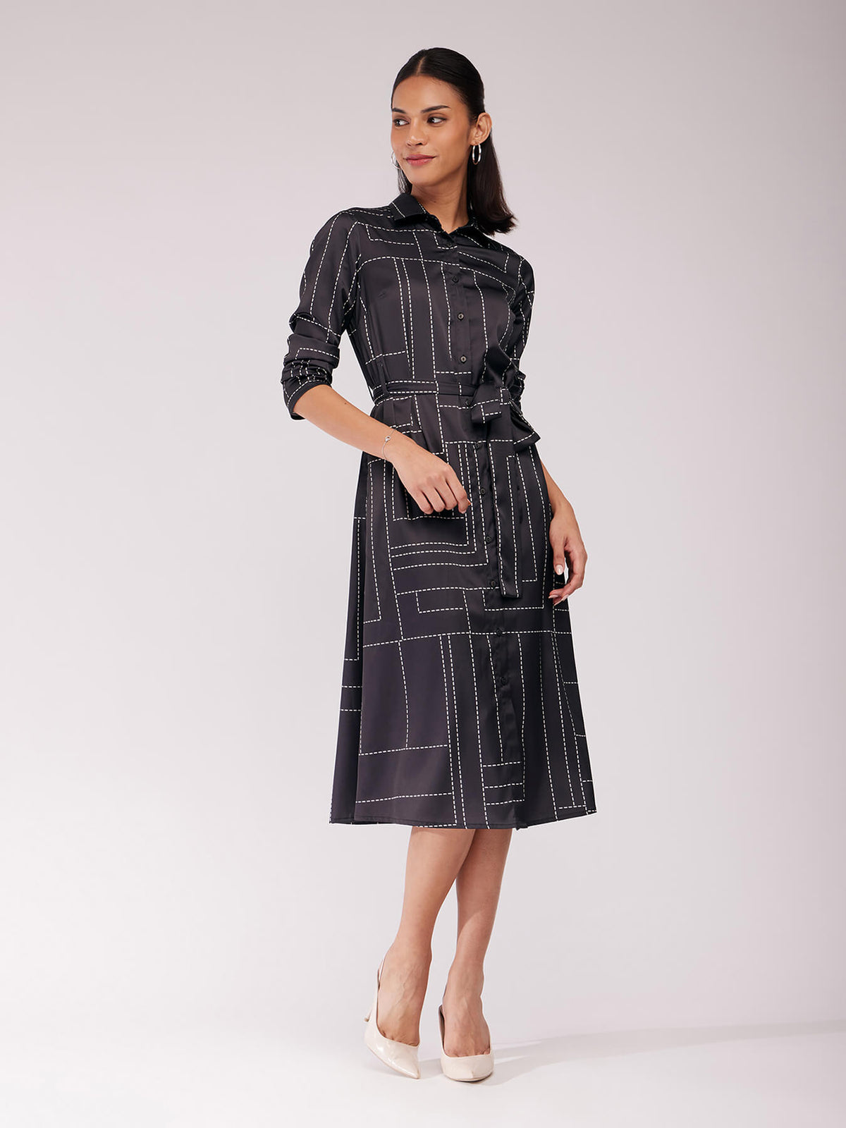 Satin Shirt Dress - Black