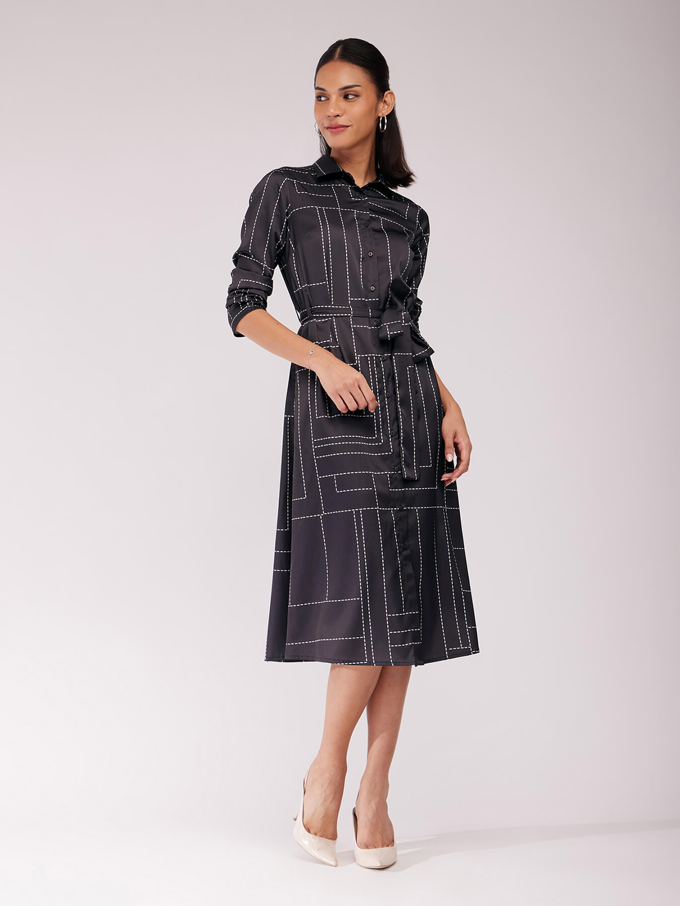 Satin Shirt Dress - Black