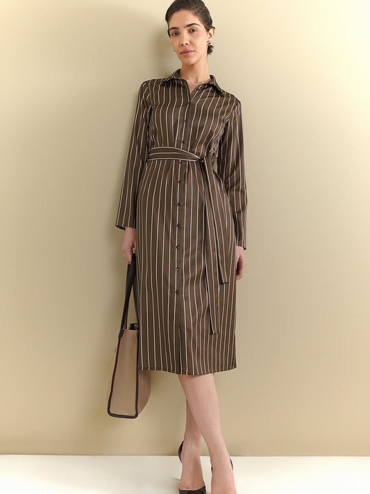 Striped Shirt Dress - Brown