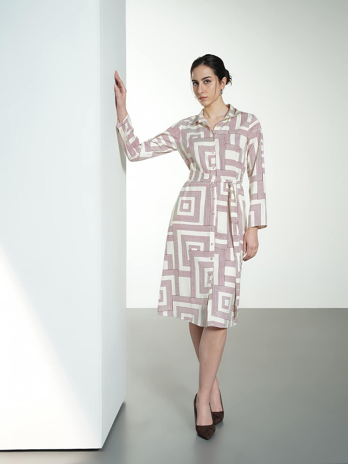Satin Geometric Print Shirt Dress - Off-white