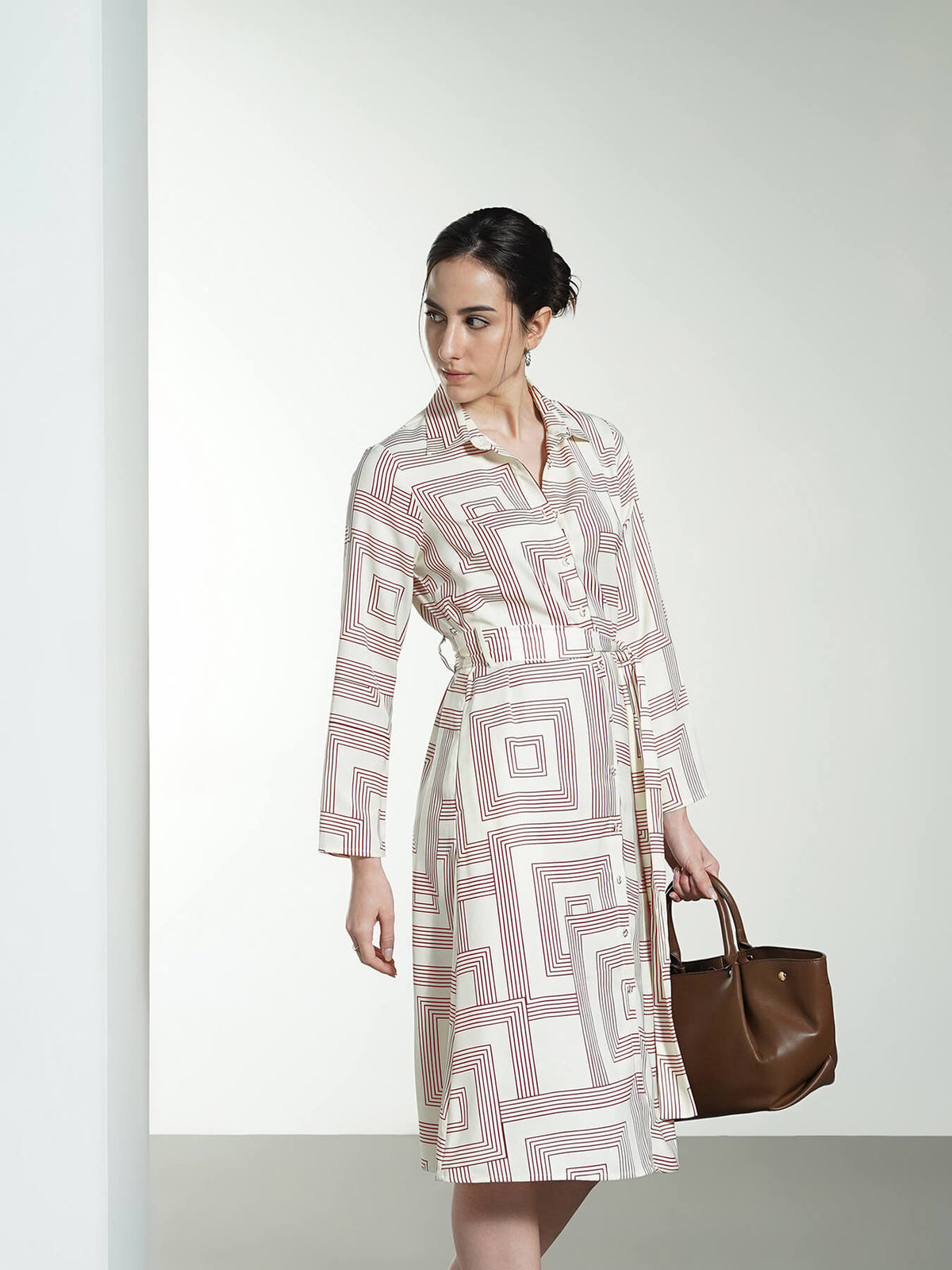 Satin Geometric Print Shirt Dress - Off-white