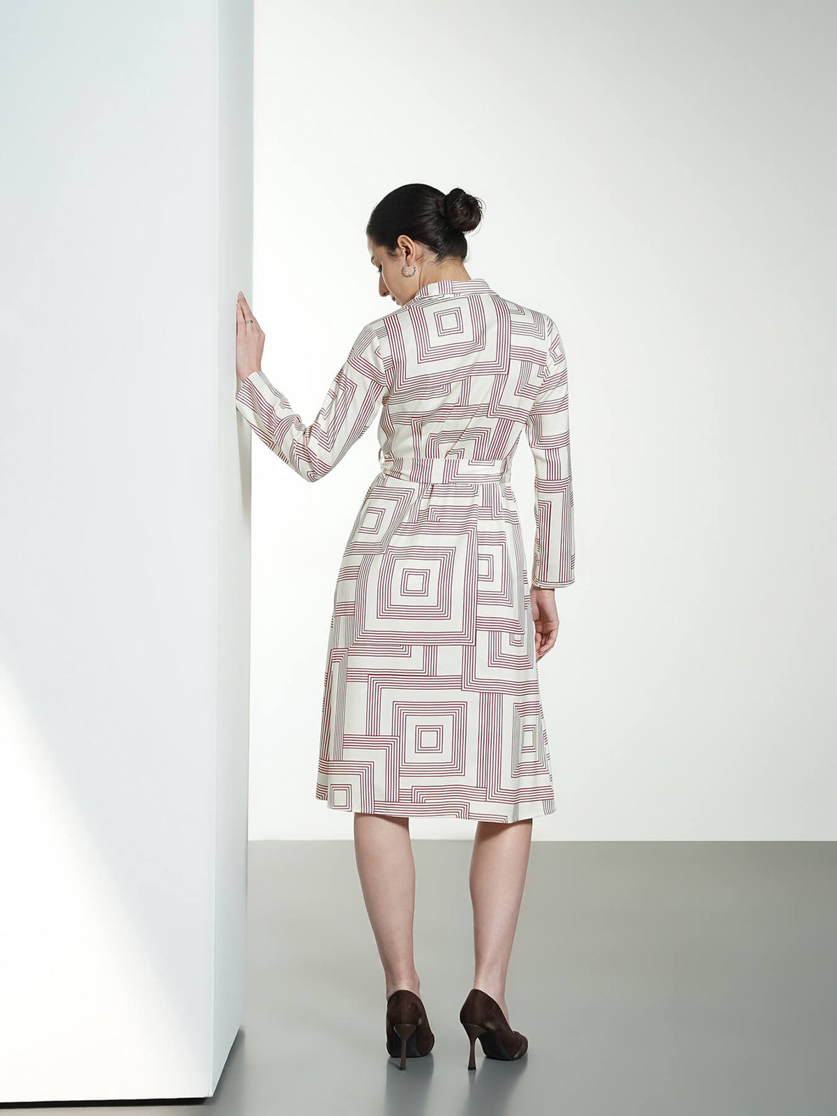 Satin Geometric Print Shirt Dress - Off-white