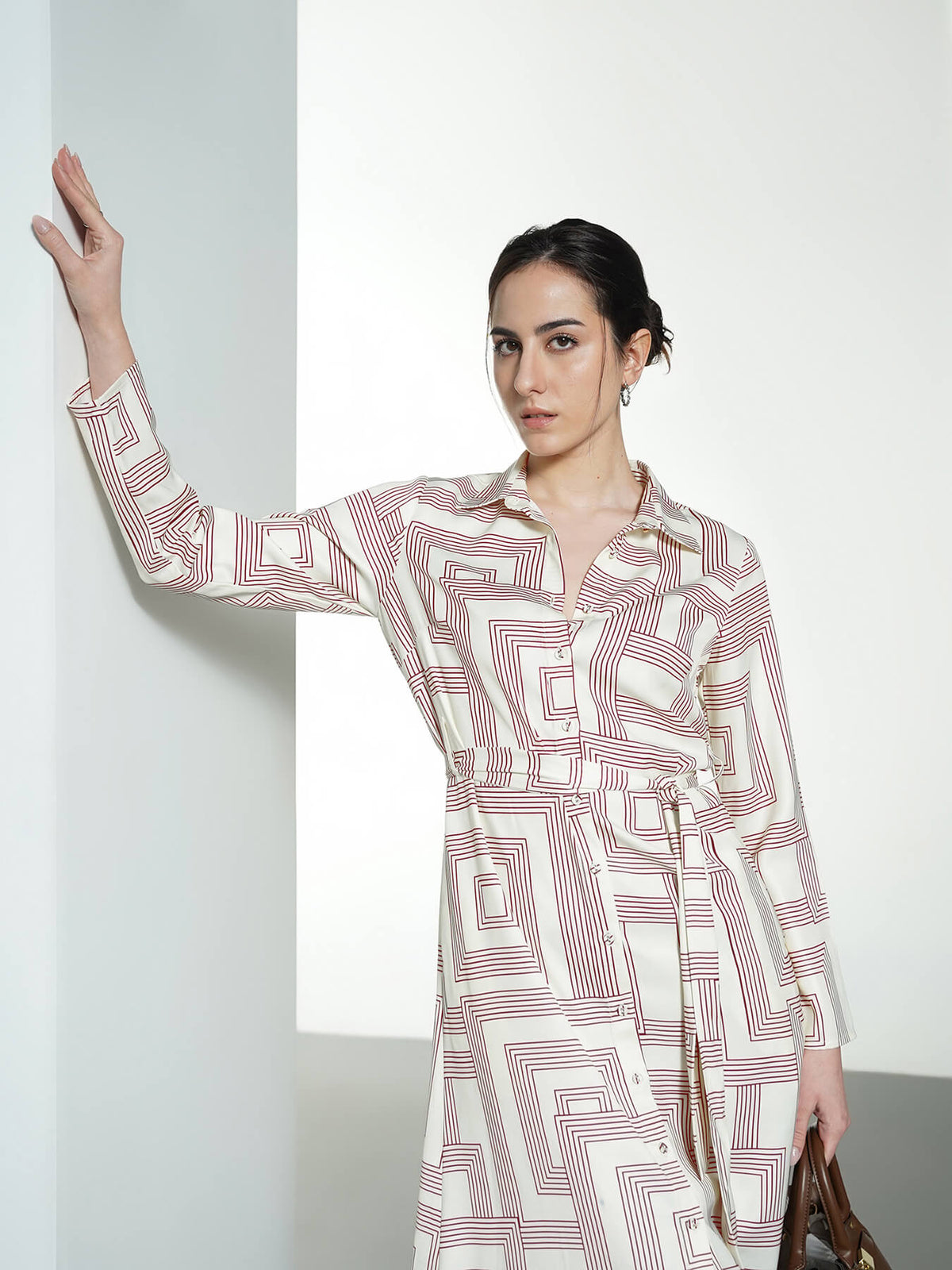 Satin Geometric Print Shirt Dress - Off-white