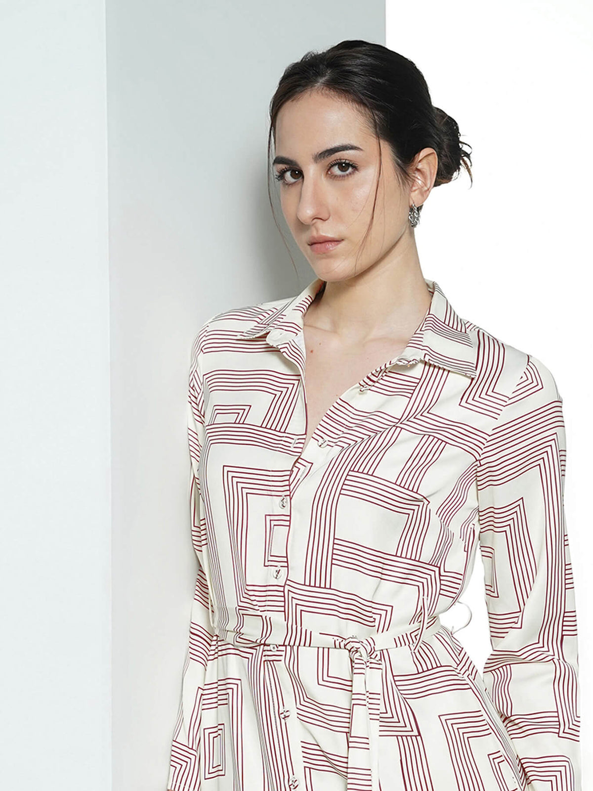 Satin Geometric Print Shirt Dress - Off-white