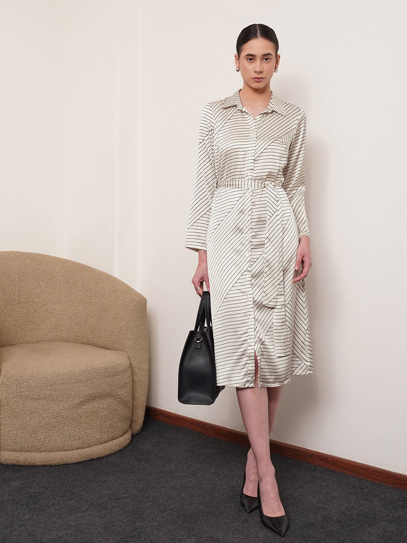 Button Down Shirt Dress - Ecru And Black