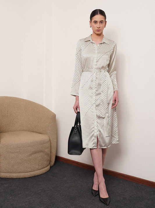 Button Down Shirt Dress - Ecru And Black