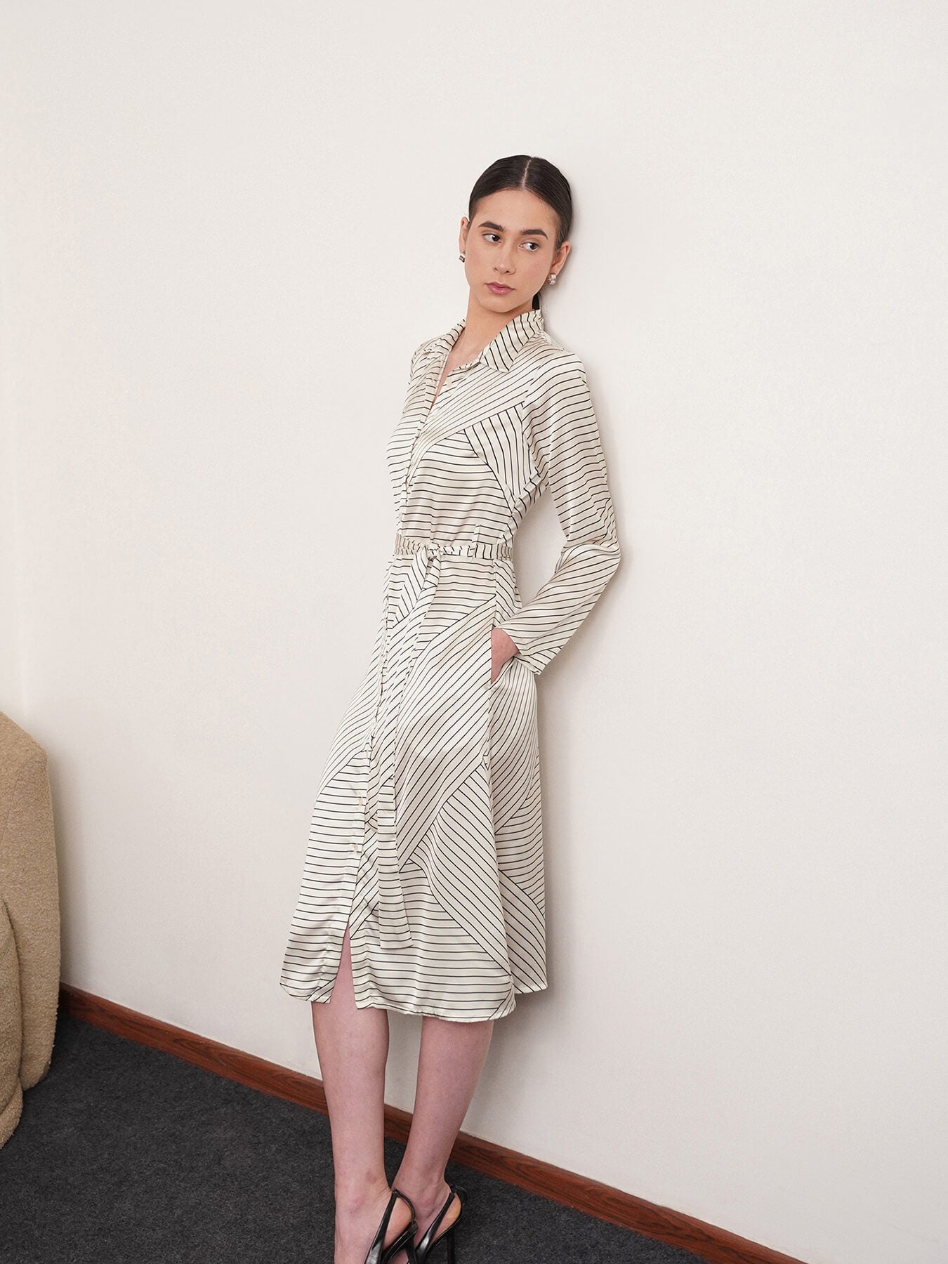 Button Down Shirt Dress - Ecru And Black