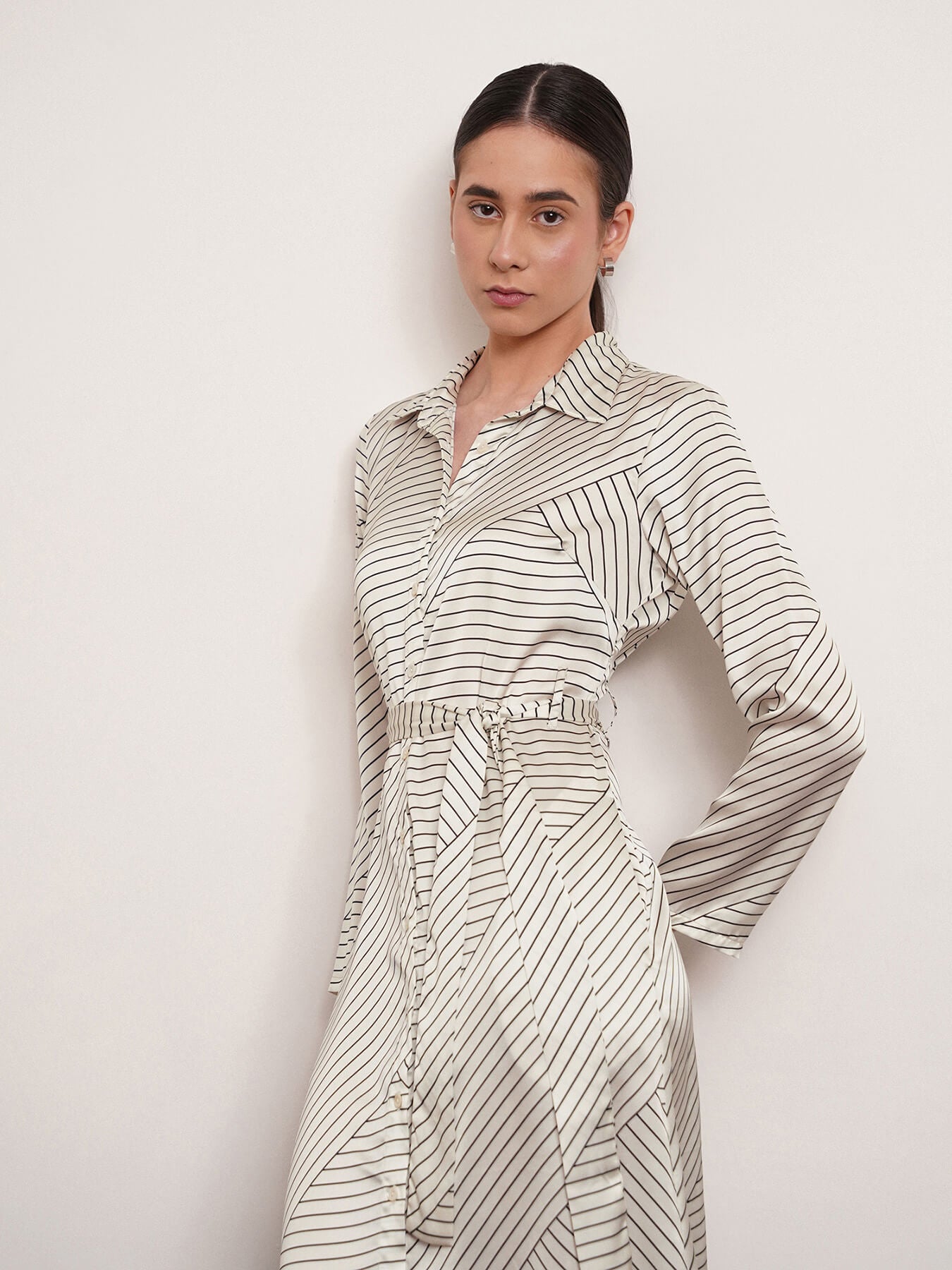 Button Down Shirt Dress - Ecru And Black