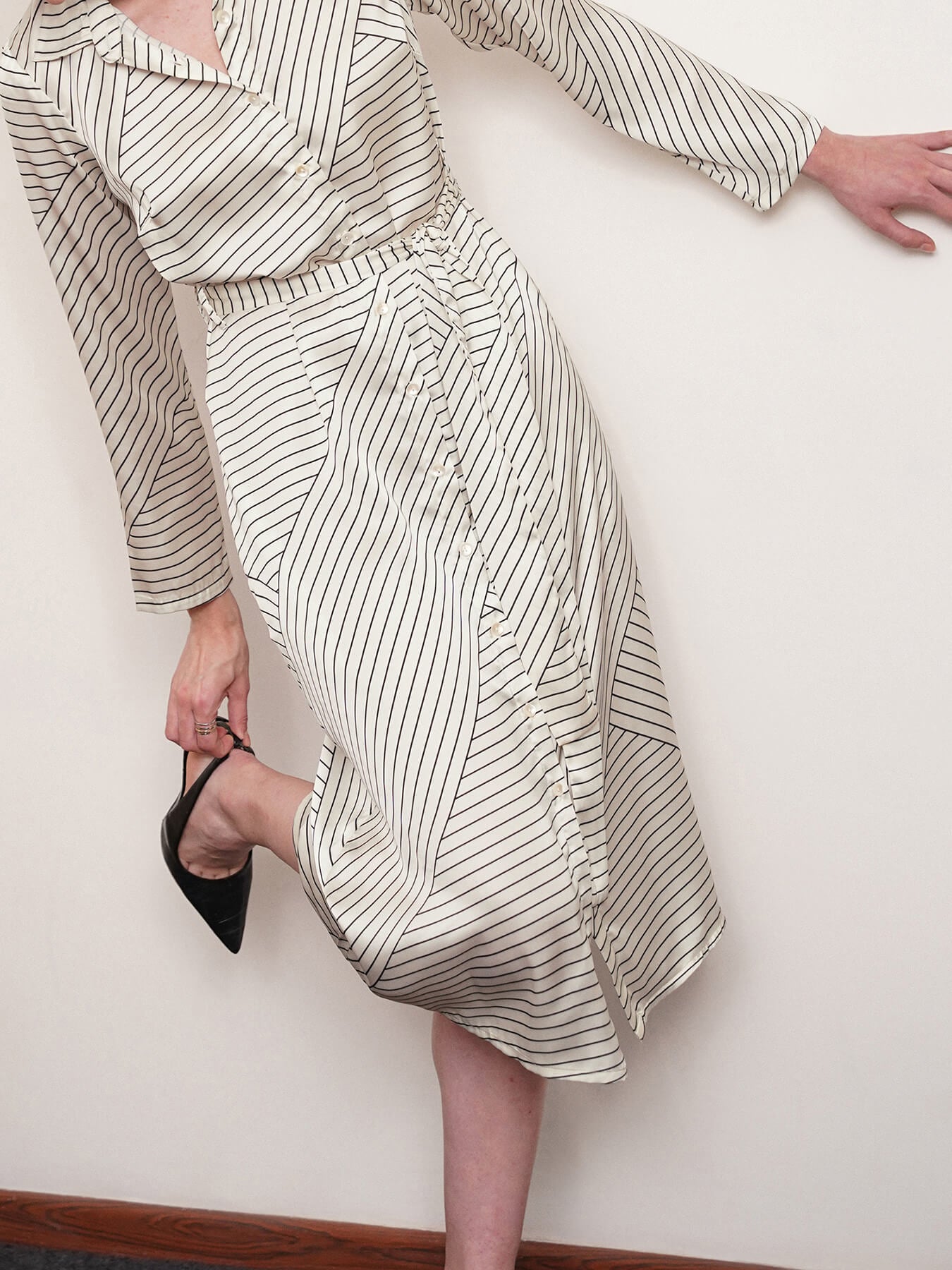 Button Down Shirt Dress - Ecru And Black