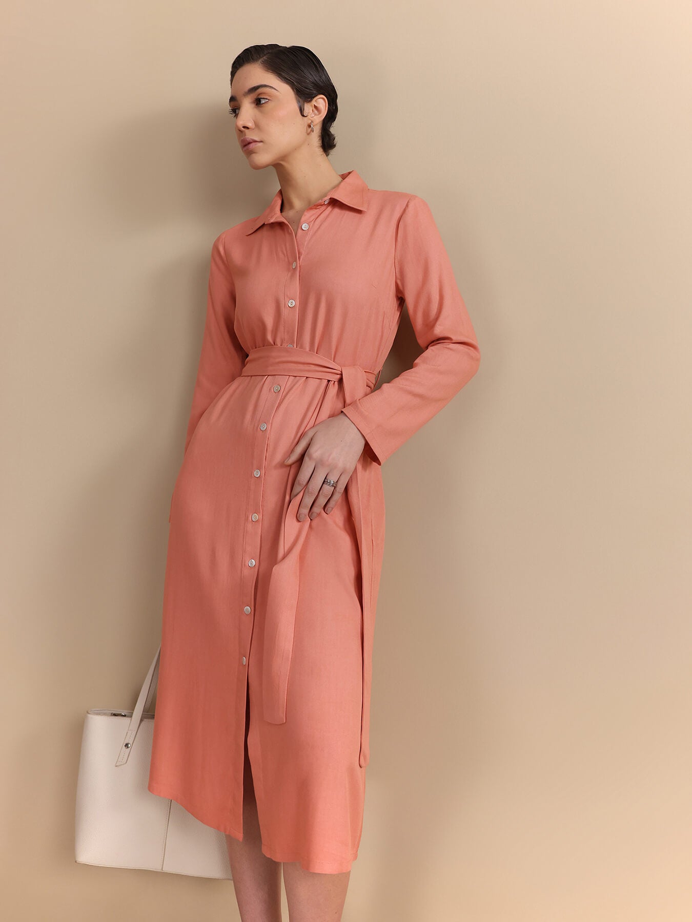Notch Collar Wrap Midi Dress - Peach