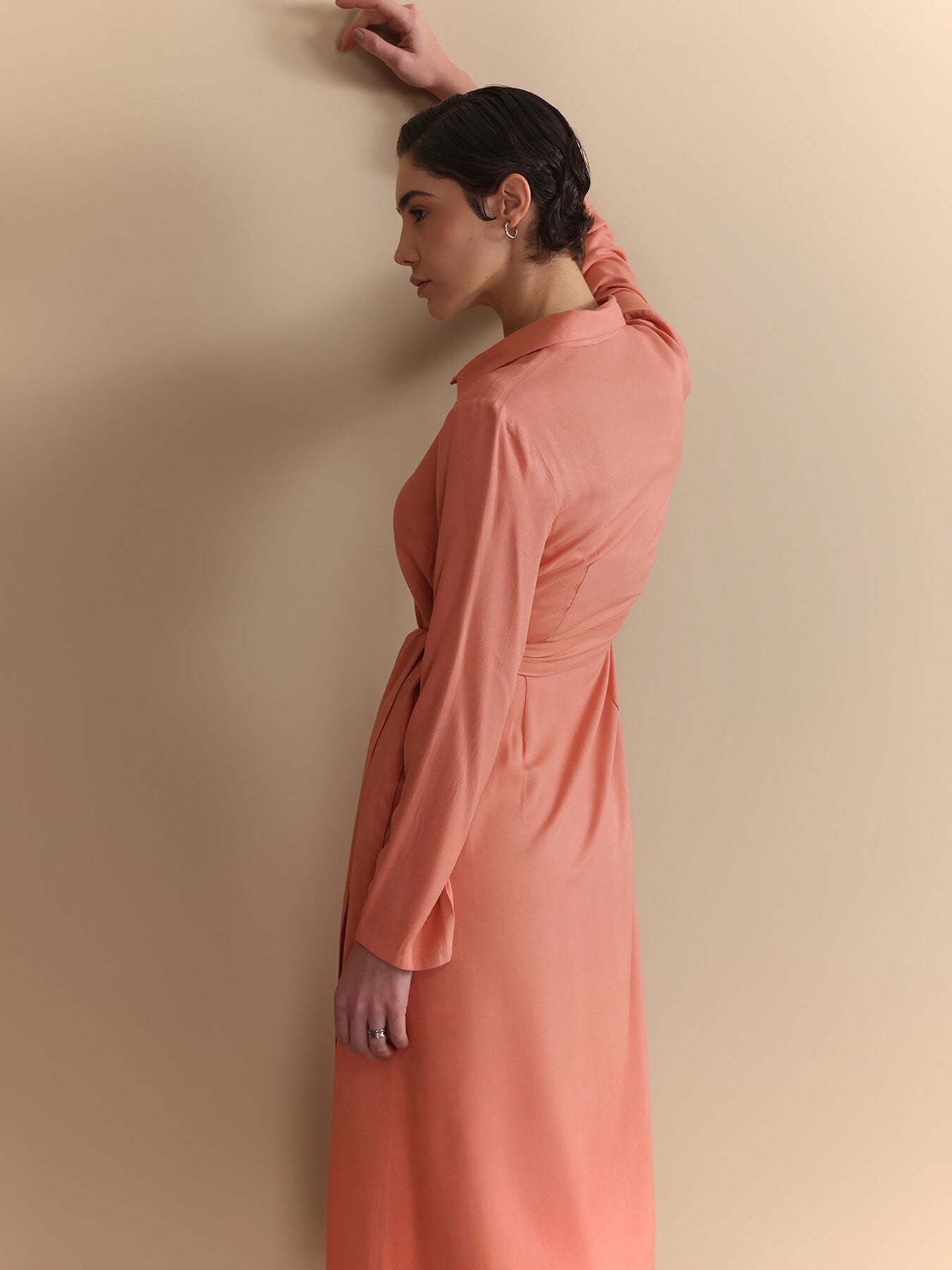 Notch Collar Wrap Midi Dress - Peach