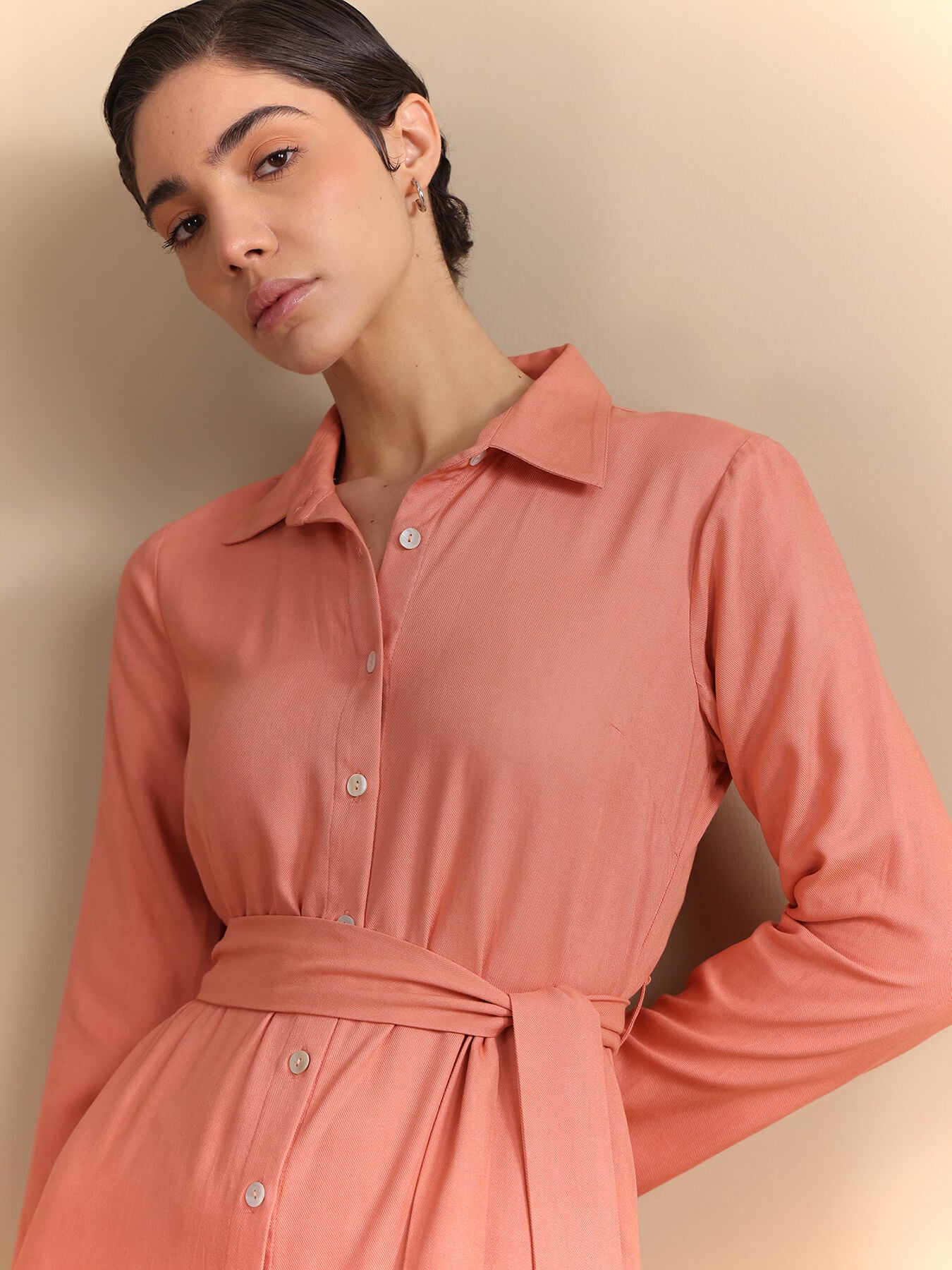 Notch Collar Wrap Midi Dress - Peach