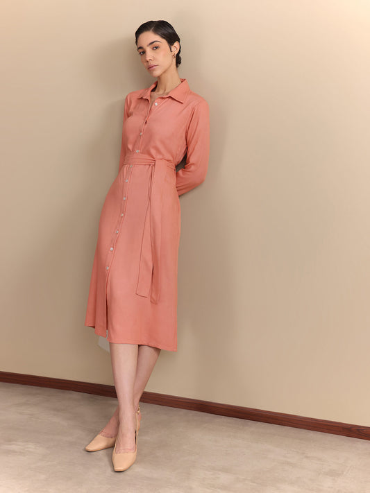 Notch Collar Wrap Midi Dress - Peach