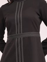 Round Neck Contrast Stitch Dress - Black
