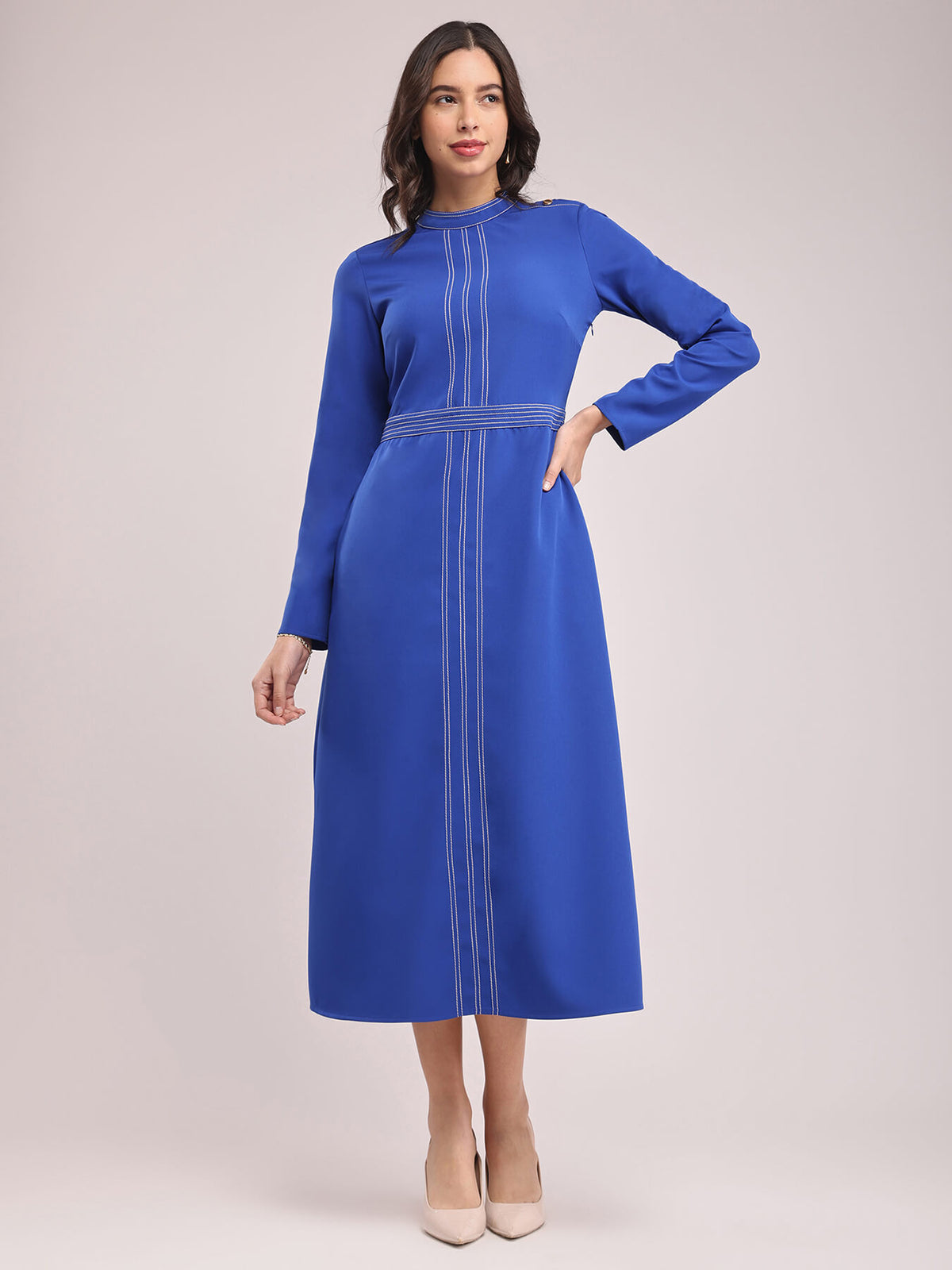 Round Neck Contrast Stitch Dress - Royal Blue