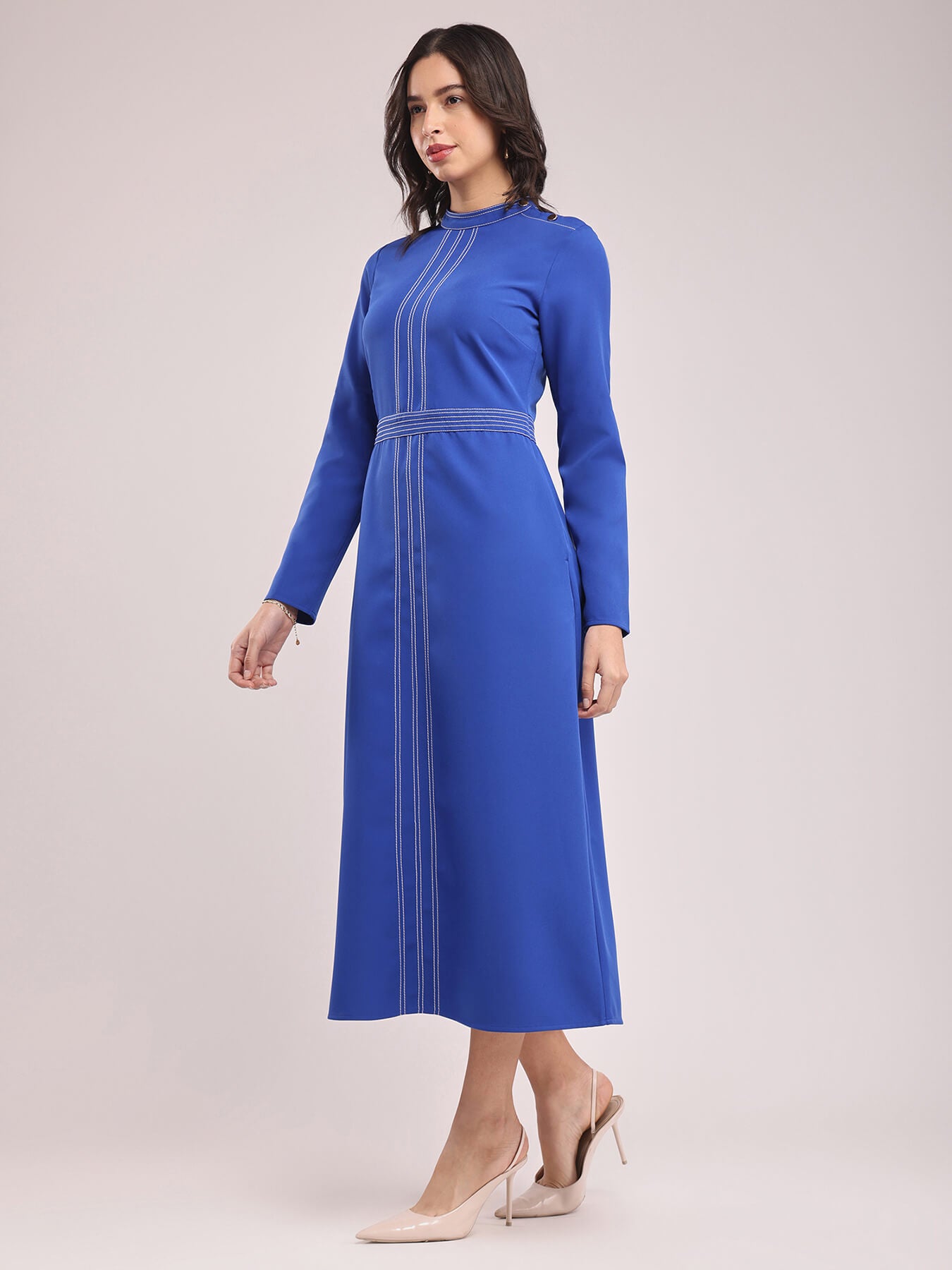 Round Neck Contrast Stitch Dress - Royal Blue