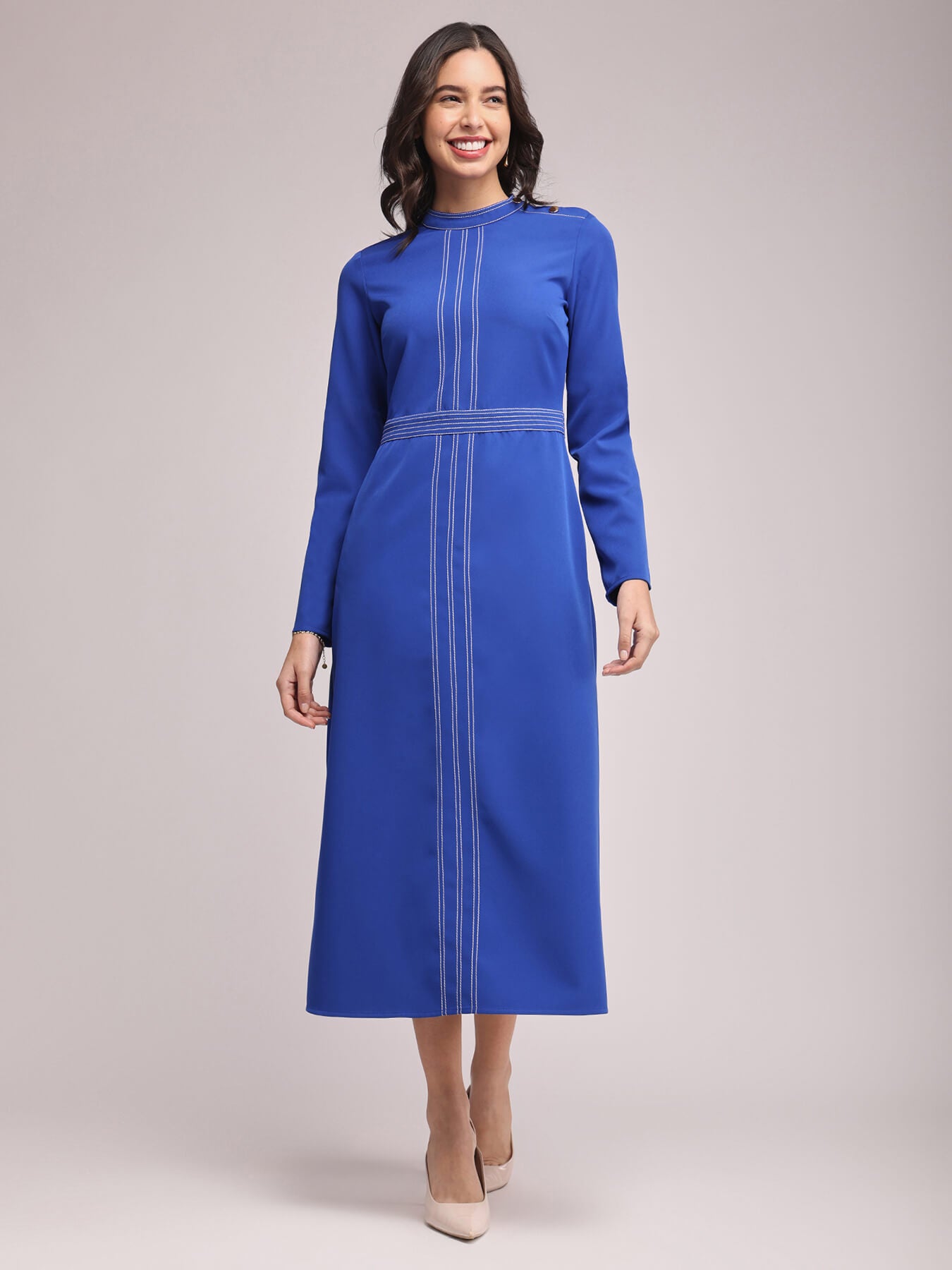 Round Neck Contrast Stitch Dress - Royal Blue